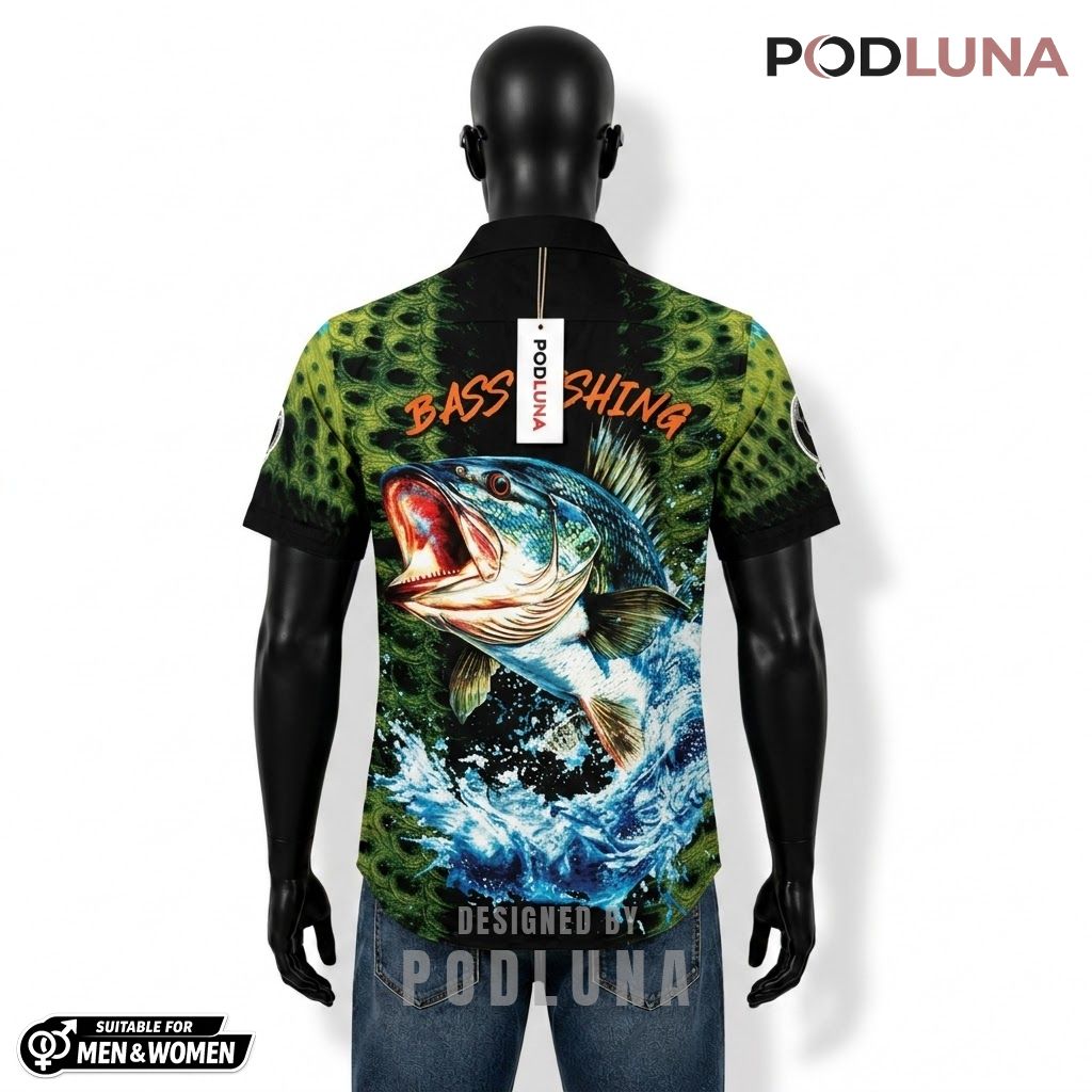 Bass Fishing Hawaiian Shirt Green Scale Splash Print Back Bass Fishing Hawaiian Shirt Green Scale Splash Print Back