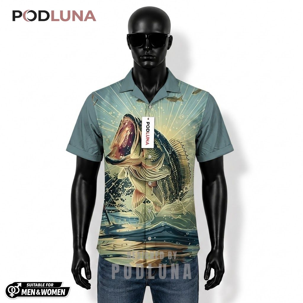 Bass Fishing Hawaiian Shirt Sunburst Lake Wave Print Front