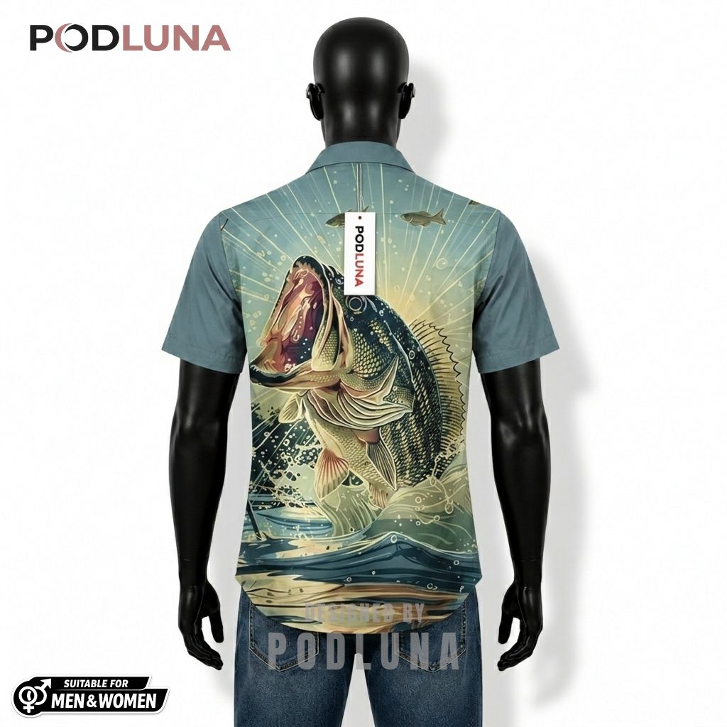 Bass Fishing Hawaiian Shirt Sunburst Lake Wave Print Back Bass Fishing Hawaiian Shirt Sunburst Lake Wave Print Back