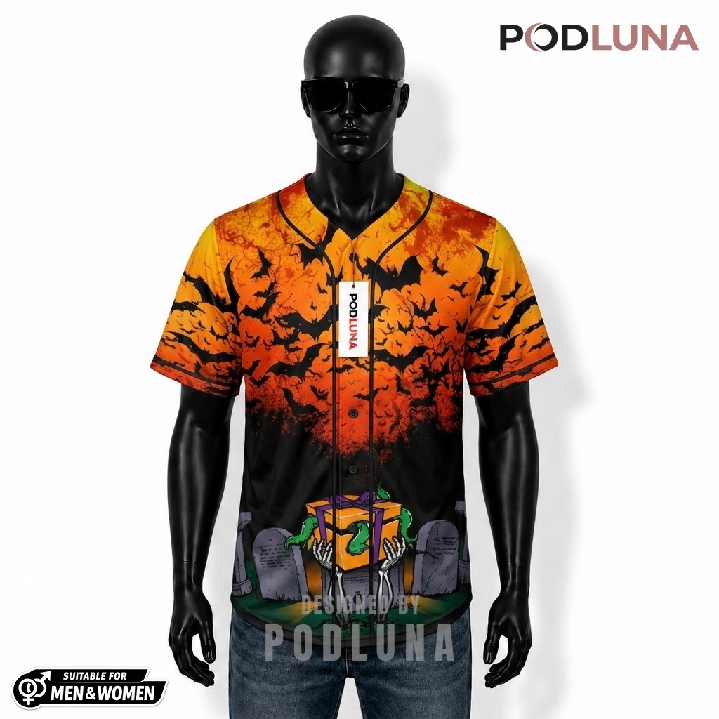 Bat Swarm Halloween Baseball Jersey Skeleton Hand Graveyard 1