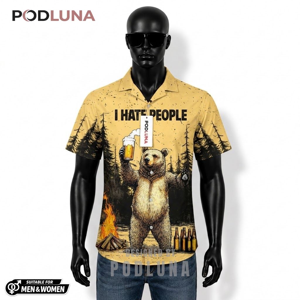 Bear Beer Hawaiian Shirt Hate People Campfire Pattern Front