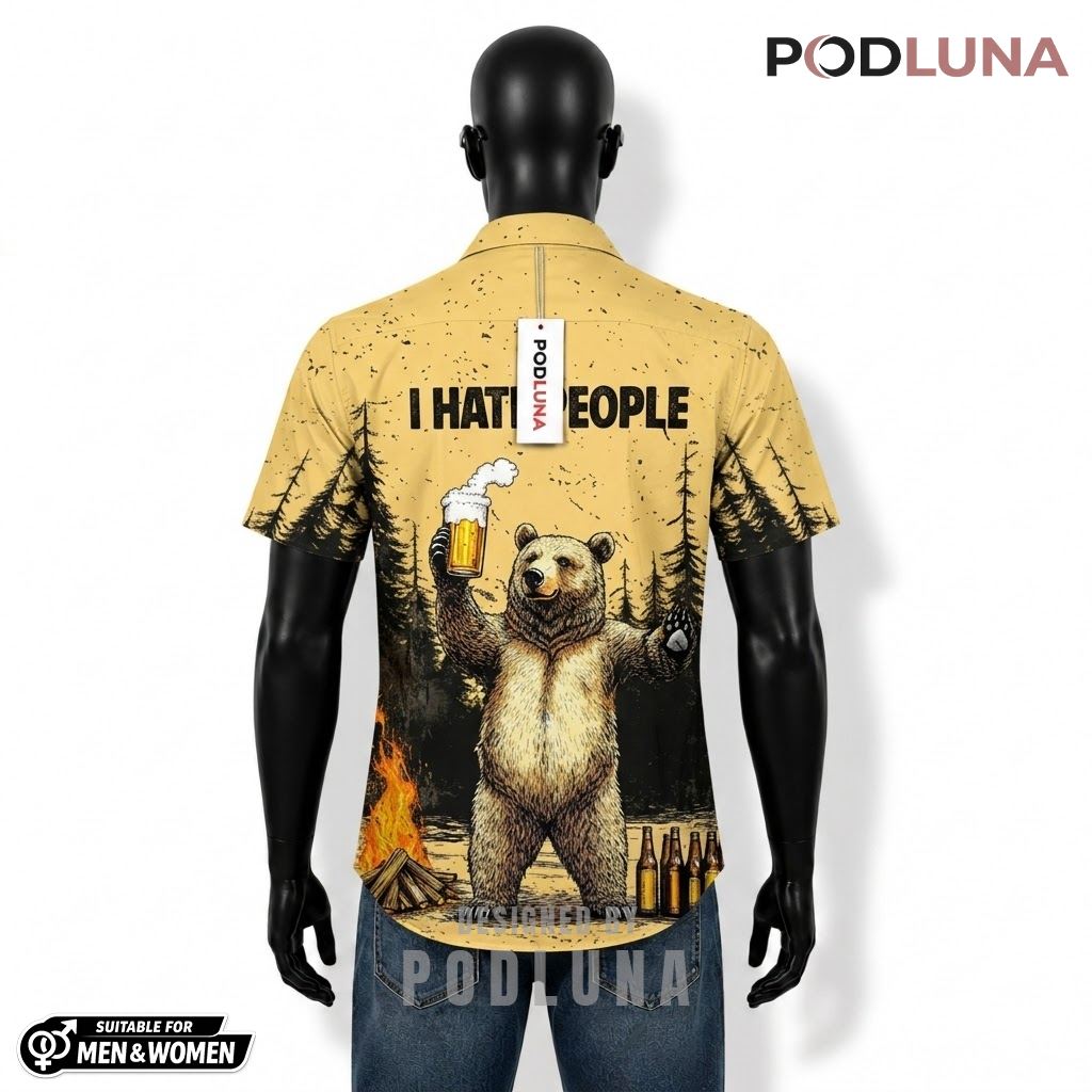 Bear Beer Hawaiian Shirt Hate People Campfire Pattern Back Bear Beer Hawaiian Shirt Hate People Campfire Pattern Back