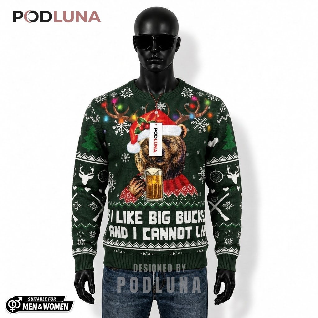 Bear Ugly Christmas Sweater Big Bucks Funny Front