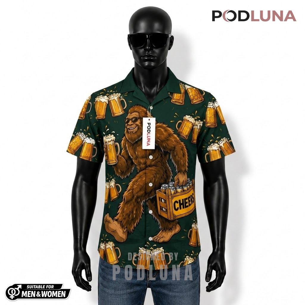 Bigfoot Beer Hawaiian Shirt Cheers Crate Green Pattern Front