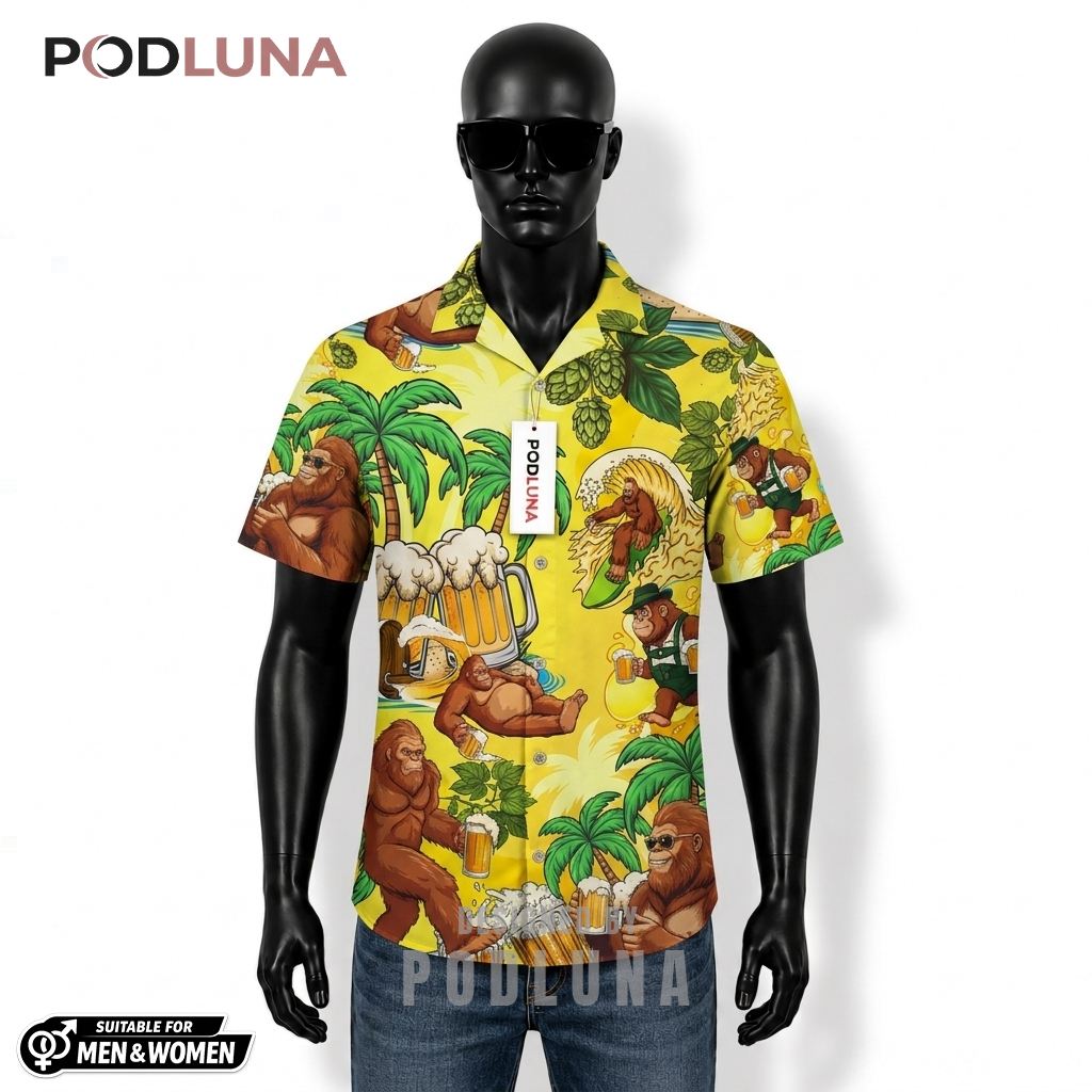 Bigfoot Beer Hawaiian Shirt Surfing Palm Tree Pattern Front