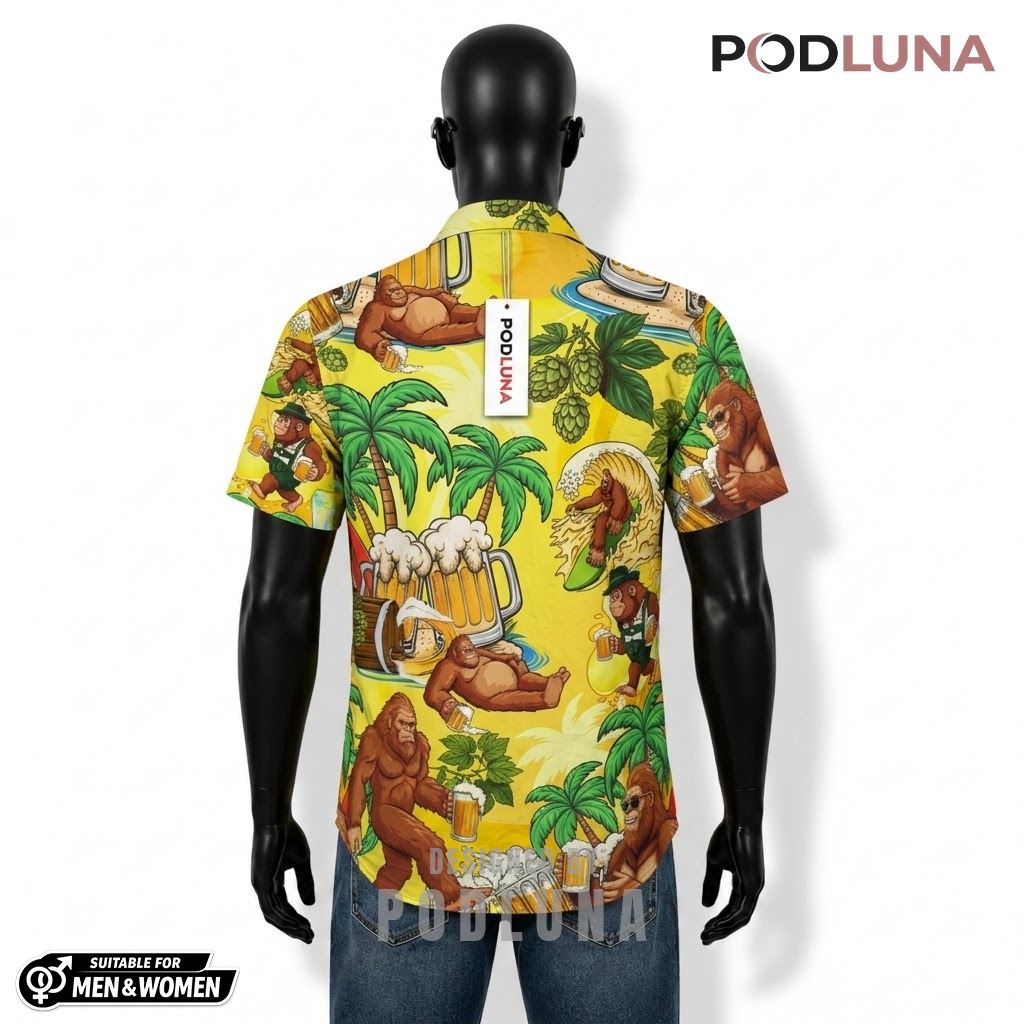 Bigfoot Beer Hawaiian Shirt Surfing Palm Tree Pattern Back Bigfoot Beer Hawaiian Shirt Surfing Palm Tree Pattern Back