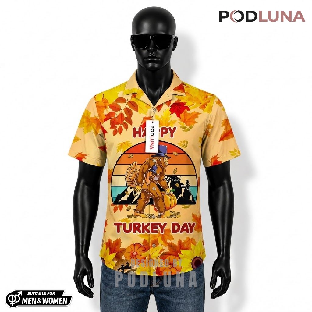Bigfoot Happy Turkey Day Thanksgiving Hawaiian Shirt Autumn Leaves Yellow Front