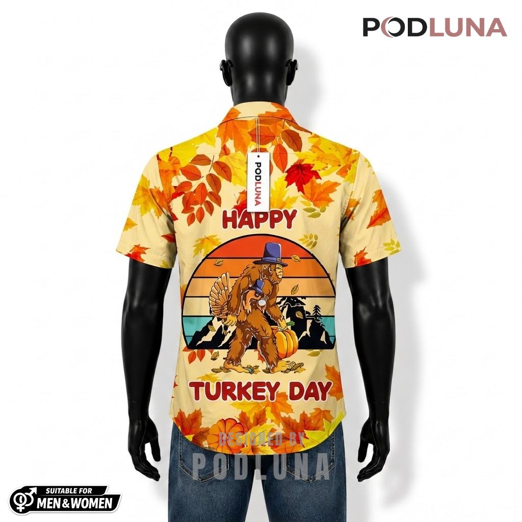 Bigfoot Happy Turkey Day Thanksgiving Hawaiian Shirt Autumn Leaves Yellow Back Bigfoot Happy Turkey Day Thanksgiving Hawaiian Shirt Autumn Leaves Yellow Back
