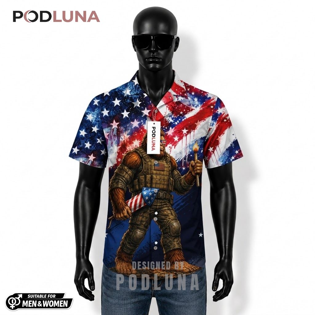Bigfoot Patriotic Hawaiian Shirt USA Flag Firework Print Front