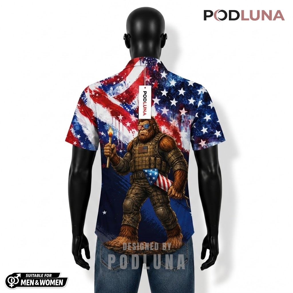 Bigfoot Patriotic Hawaiian Shirt USA Flag Firework Print Back Bigfoot Patriotic Hawaiian Shirt USA Flag Firework Print Back