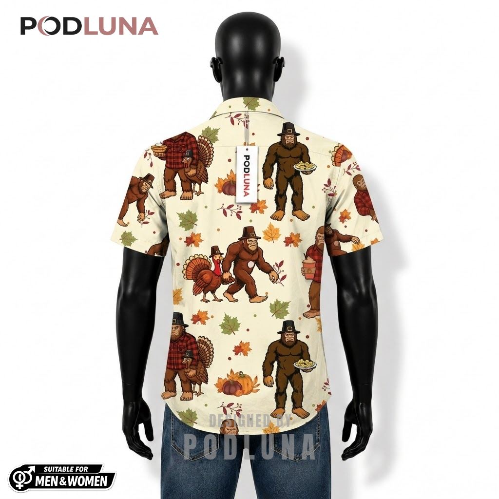 Bigfoot Thanksgiving Hawaiian Shirt Turkey Autumn Leaves Back Bigfoot Thanksgiving Hawaiian Shirt Turkey Autumn Leaves Back