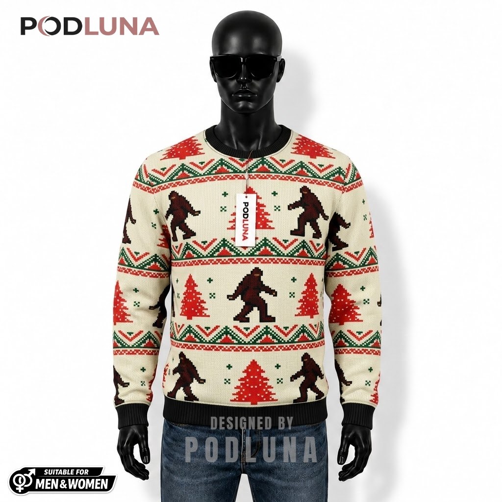 Bigfoot Ugly Sweater Christmas Retro Pixel Pattern Front