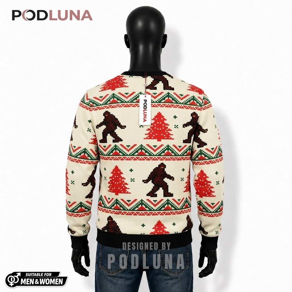 Bigfoot Ugly Sweater Christmas Retro Pixel Pattern Back Bigfoot Ugly Sweater Christmas Retro Pixel Pattern Back