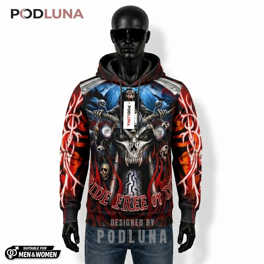 Biker Halloween 3D Hoodie Ride Free Or Die Skull 1