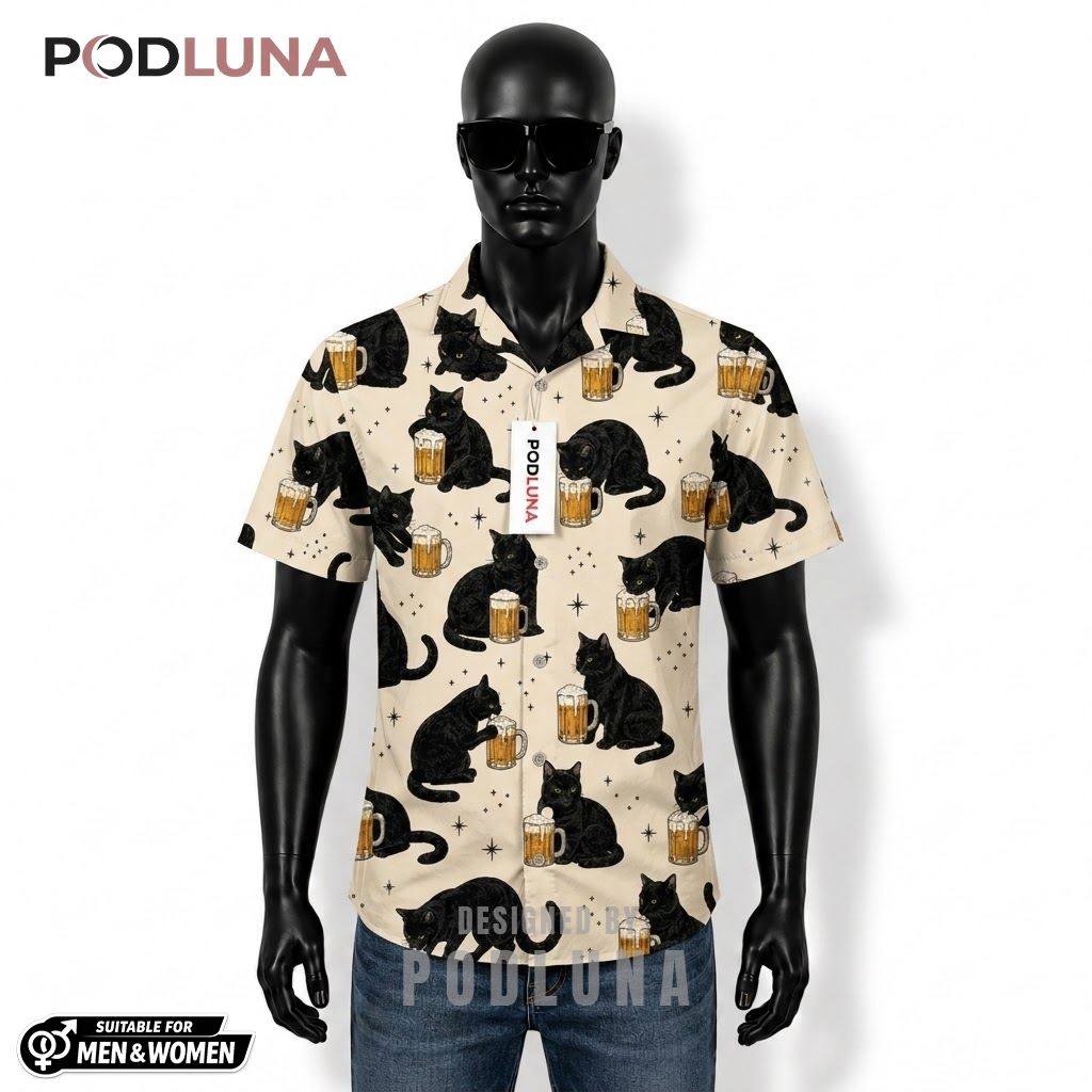 Black Cat Beer Hawaiian Shirt Star Cream Pattern Front