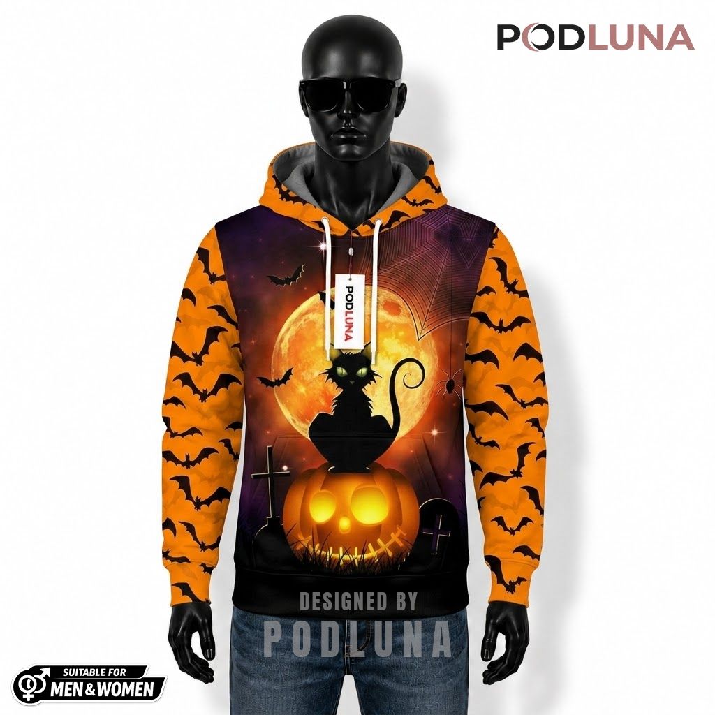 Black Cat Halloween 3D Hoodie Orange Moon Pumpkin Grave 1