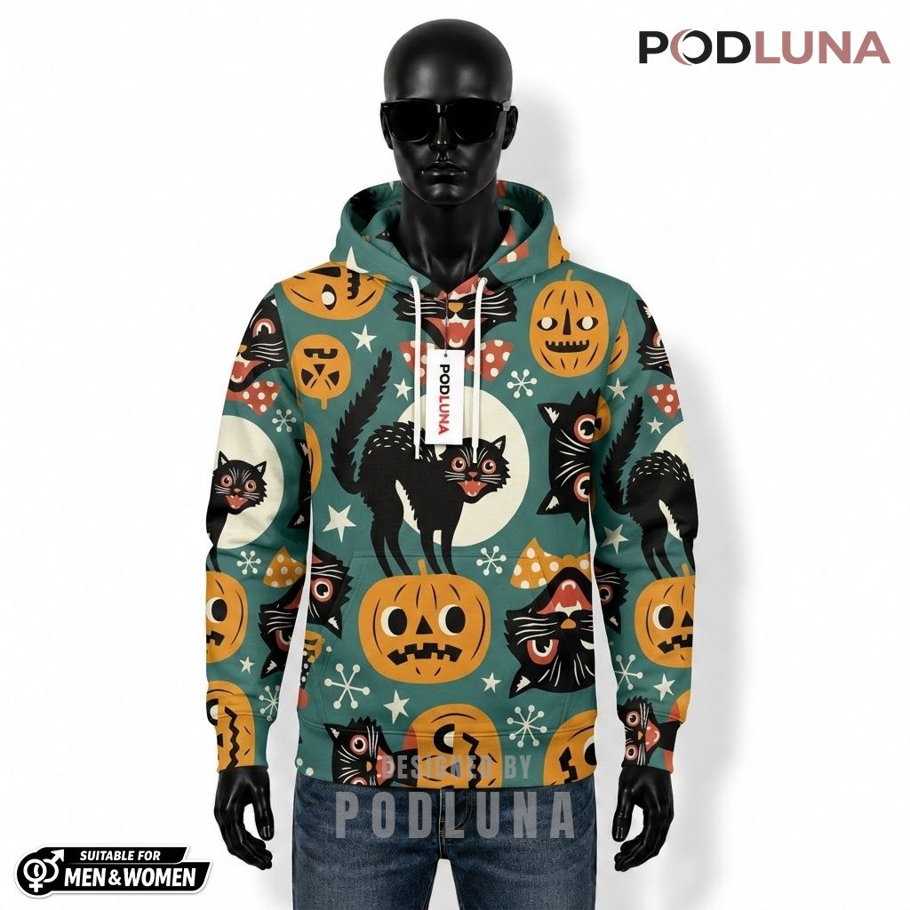 Black Cat Halloween 3D Hoodie Pumpkin Mushroom Green Pattern 1