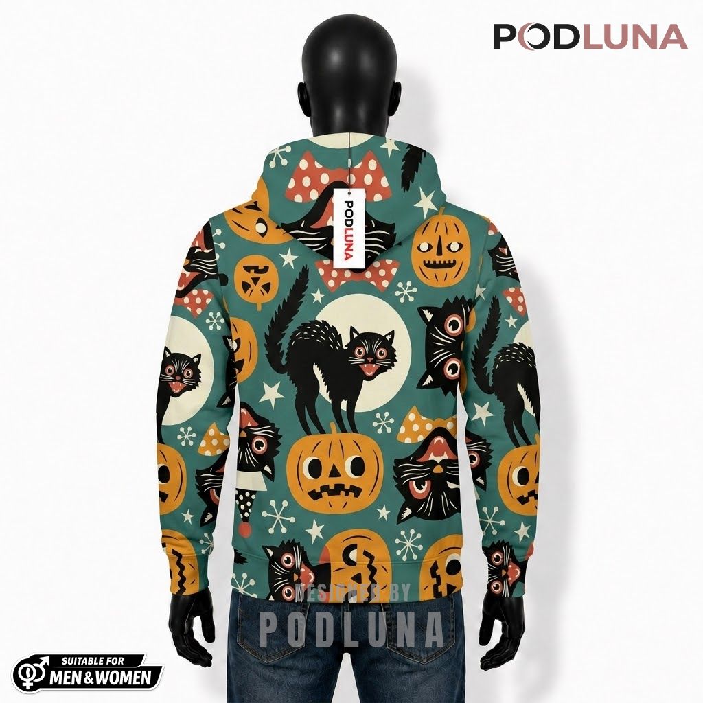 Black Cat Halloween 3D Hoodie Pumpkin Mushroom Green Pattern 2 Black Cat Halloween 3D Hoodie Pumpkin Mushroom Green Pattern 2