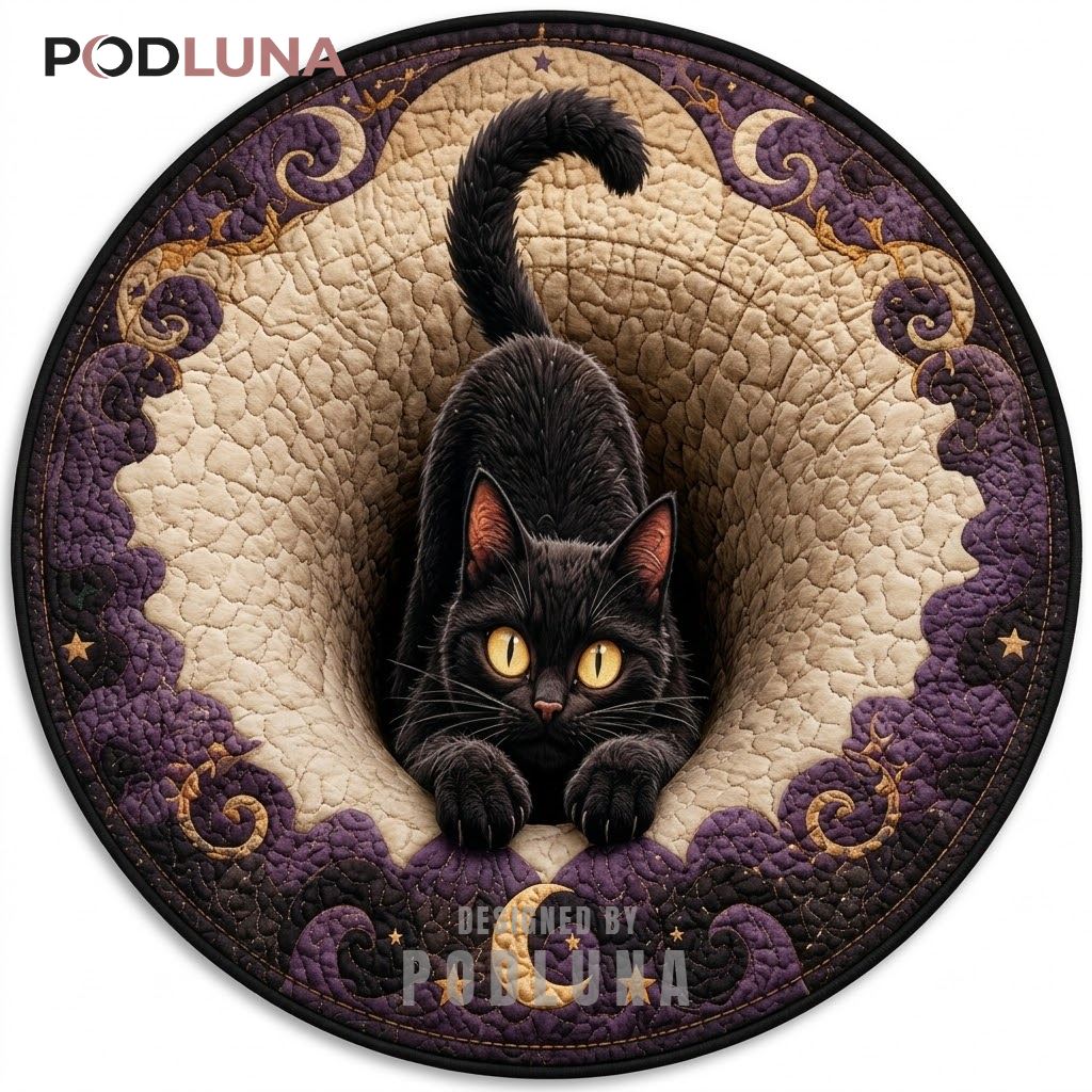 Black Cat Halloween 3D Rug Moon Star Illusion