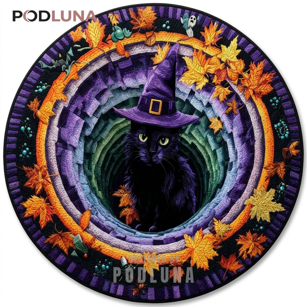 Black Cat Halloween 3D Rug Witch Hat Illusion