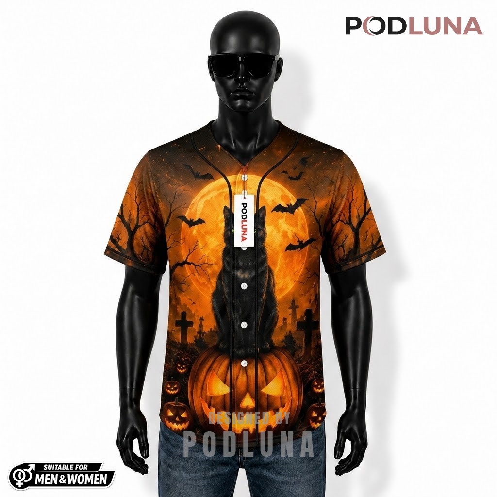 Black Cat Halloween Baseball Jersey Pumpkin Graveyard Orange 1