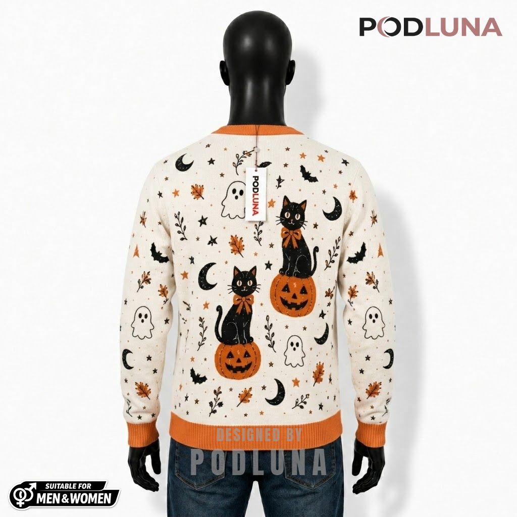 Black Cat Halloween Cardigan Bow Pumpkin Ghost 2 Black Cat Halloween Cardigan Bow Pumpkin Ghost 2