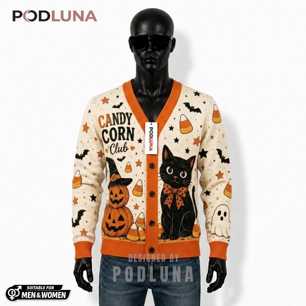Black Cat Halloween Cardigan Candy Corn Club 1