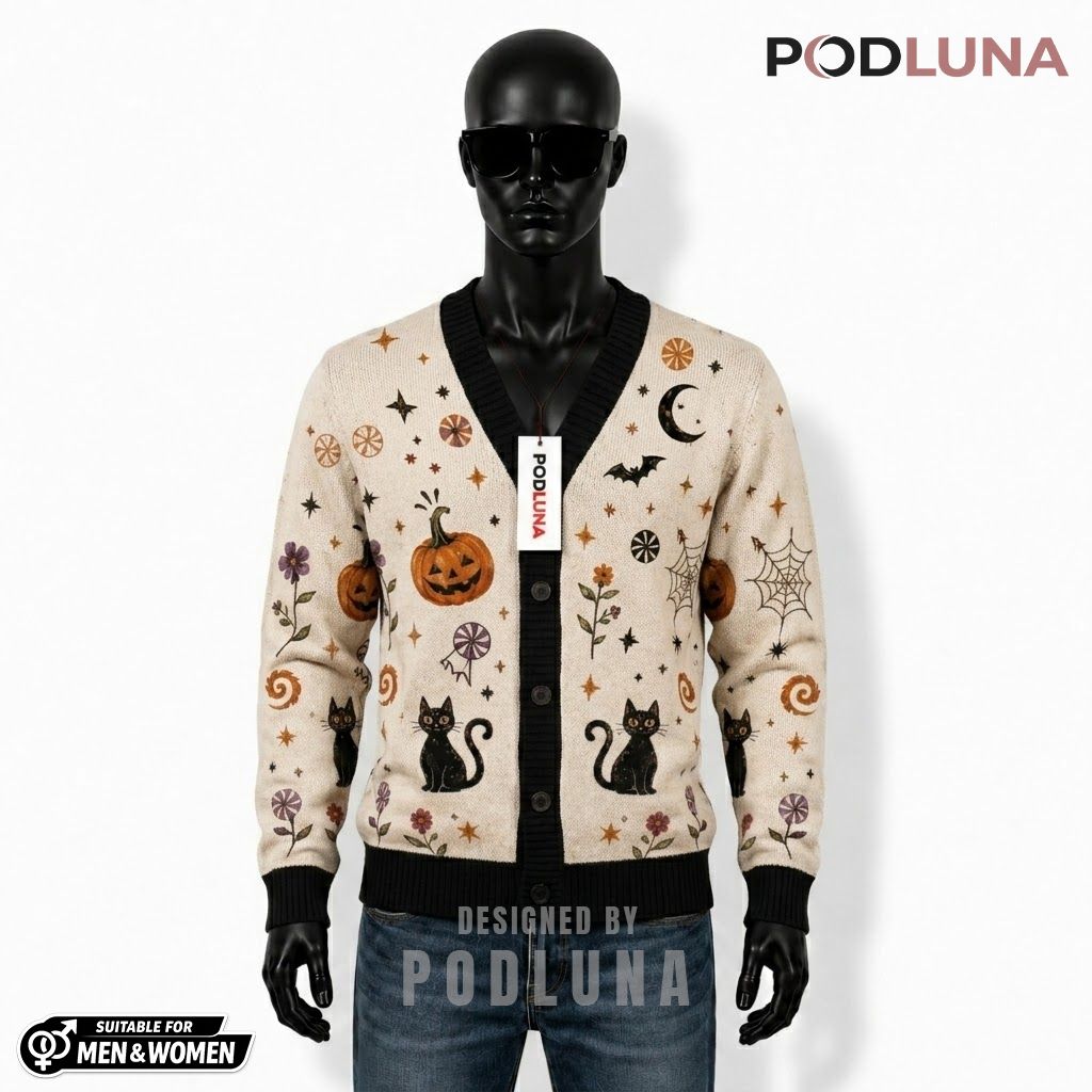 Black Cat Halloween Cardigan Floral Pumpkin Moon 1