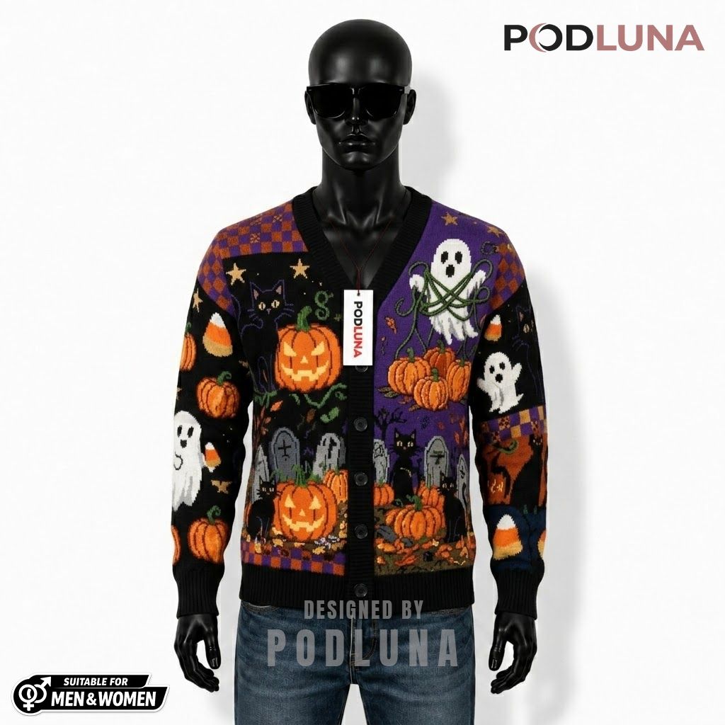 Black Cat Halloween Cardigan Graveyard Checkered Pumpkin 1