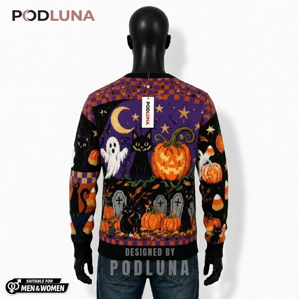 Black Cat Halloween Cardigan Graveyard Checkered Pumpkin 2 Black Cat Halloween Cardigan Graveyard Checkered Pumpkin 2