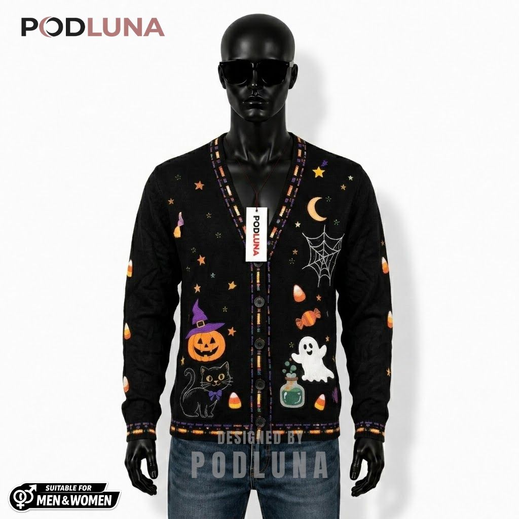 Black Cat Halloween Cardigan Haunted House Broom 1