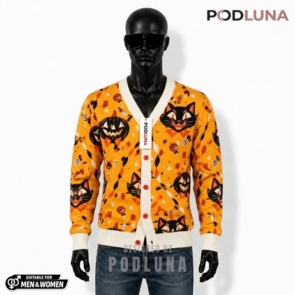 Black Cat Halloween Cardigan Mustard Pumpkin Candy 1