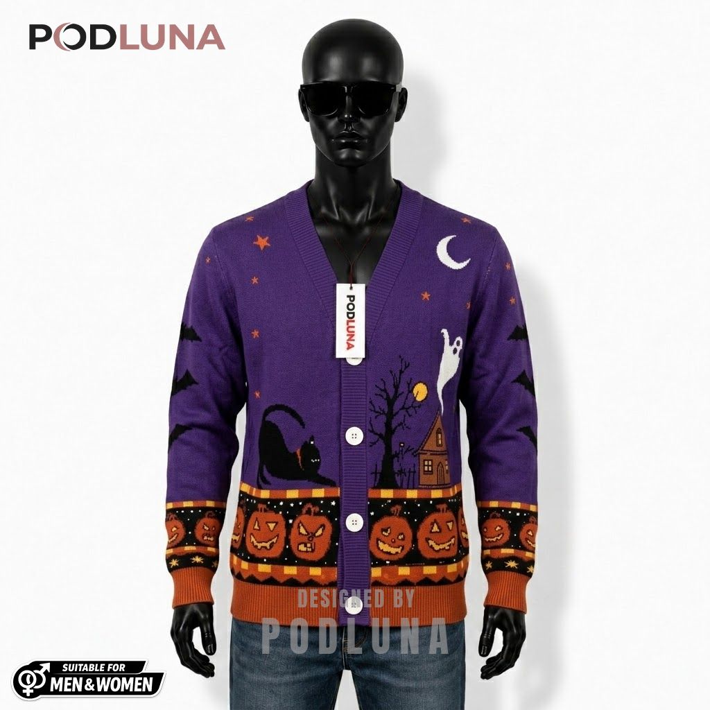 Black Cat Halloween Cardigan Purple Pumpkin Row 1