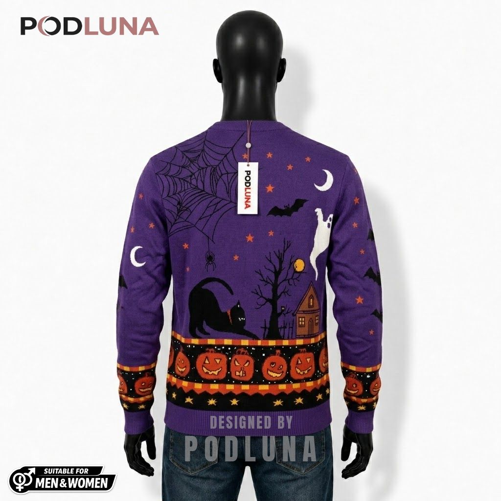 Black Cat Halloween Cardigan Purple Pumpkin Row 2 Black Cat Halloween Cardigan Purple Pumpkin Row 2