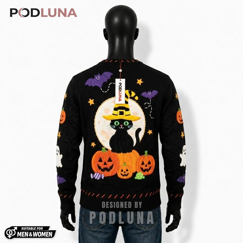 Black Cat Halloween Cardigan Witch Hat Pumpkin 2 Black Cat Halloween Cardigan Witch Hat Pumpkin 2