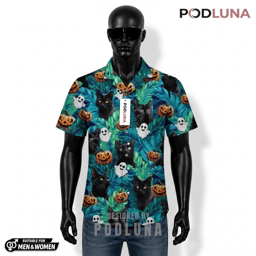 Black Cat Halloween Hawaiian Shirt Ghost Pumpkin Tropical Front