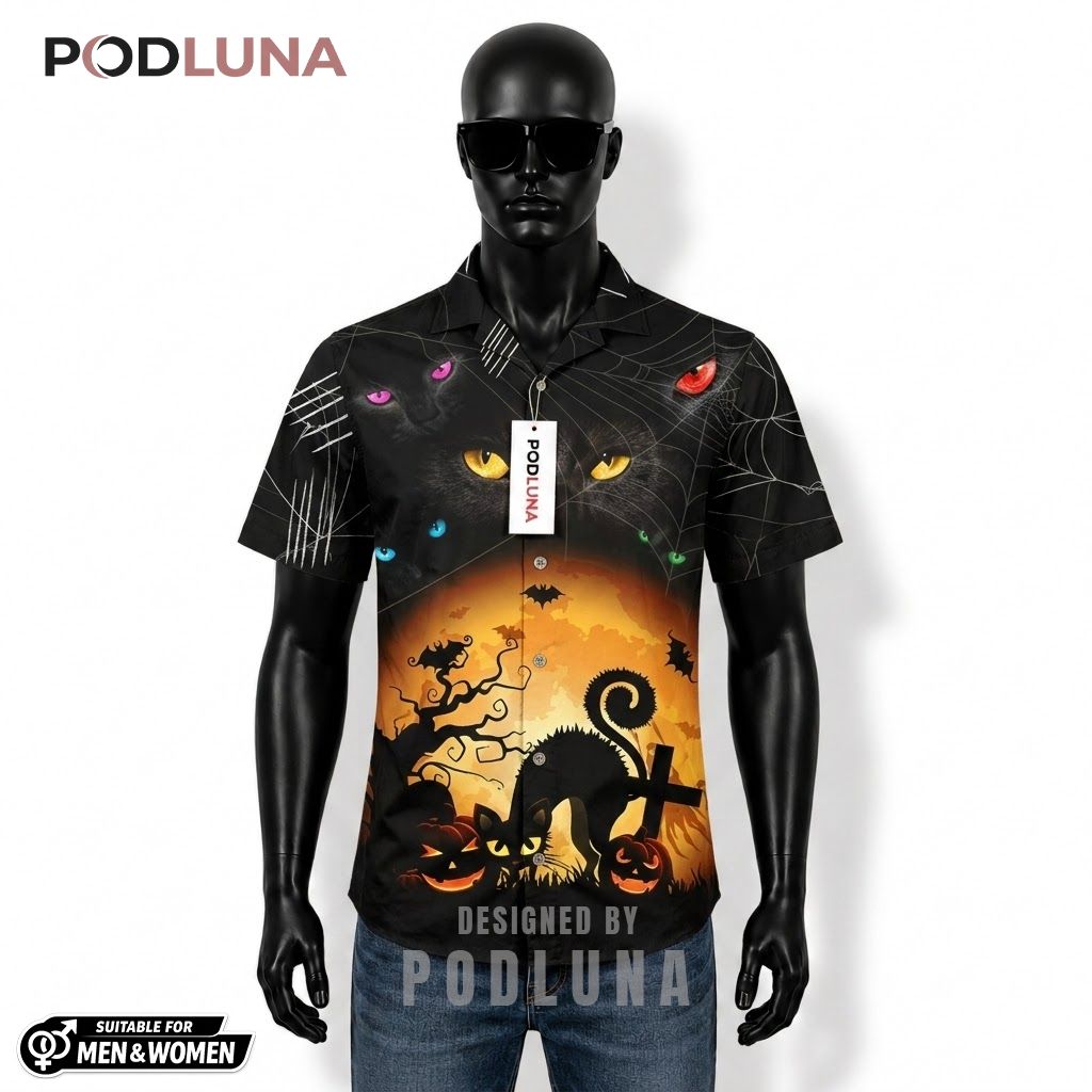 Black Cat Halloween Hawaiian Shirt Glowing Eyes Silhouette Front