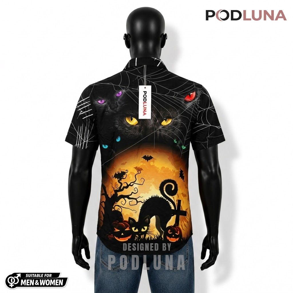 Black Cat Halloween Hawaiian Shirt Glowing Eyes Silhouette Back Black Cat Halloween Hawaiian Shirt Glowing Eyes Silhouette Back