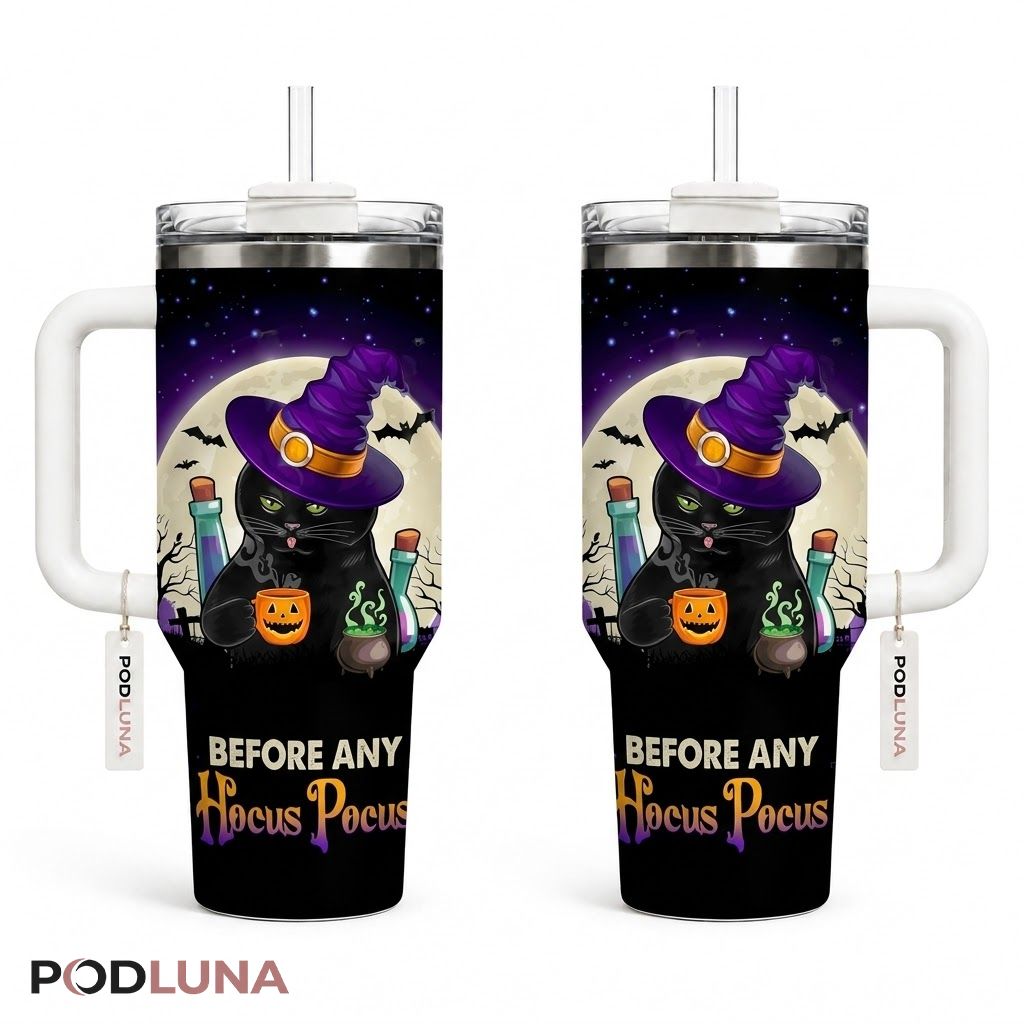 Black Cat Halloween Tumbler 40oz Hocus Pocus Potion Design