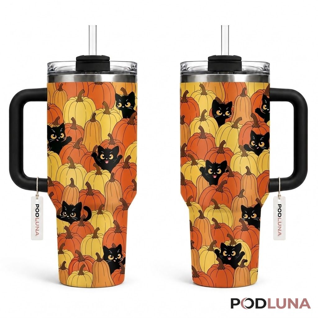Black Cat Halloween Tumbler 40oz Pumpkin Patch Peekaboo Design