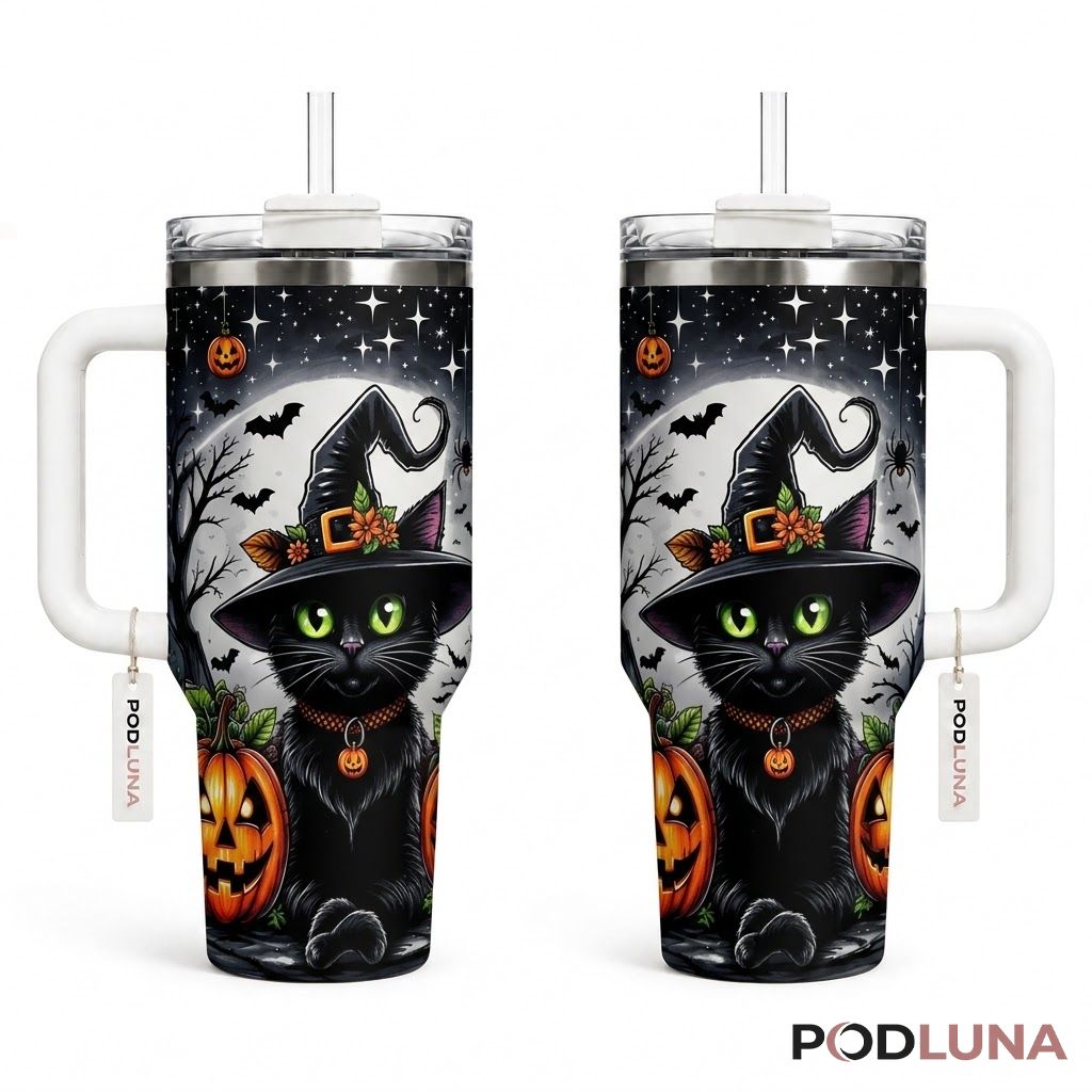 Black Cat Halloween Tumbler 40oz Witch Hat Moonlit Pumpkin Design