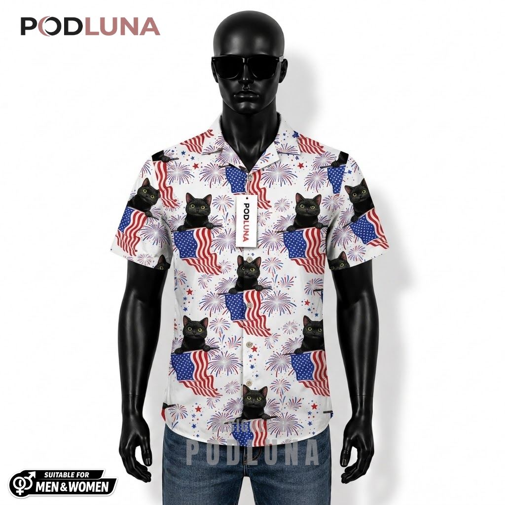Black Cat Patriotic Hawaiian Shirt USA Flag Fireworks Design Front