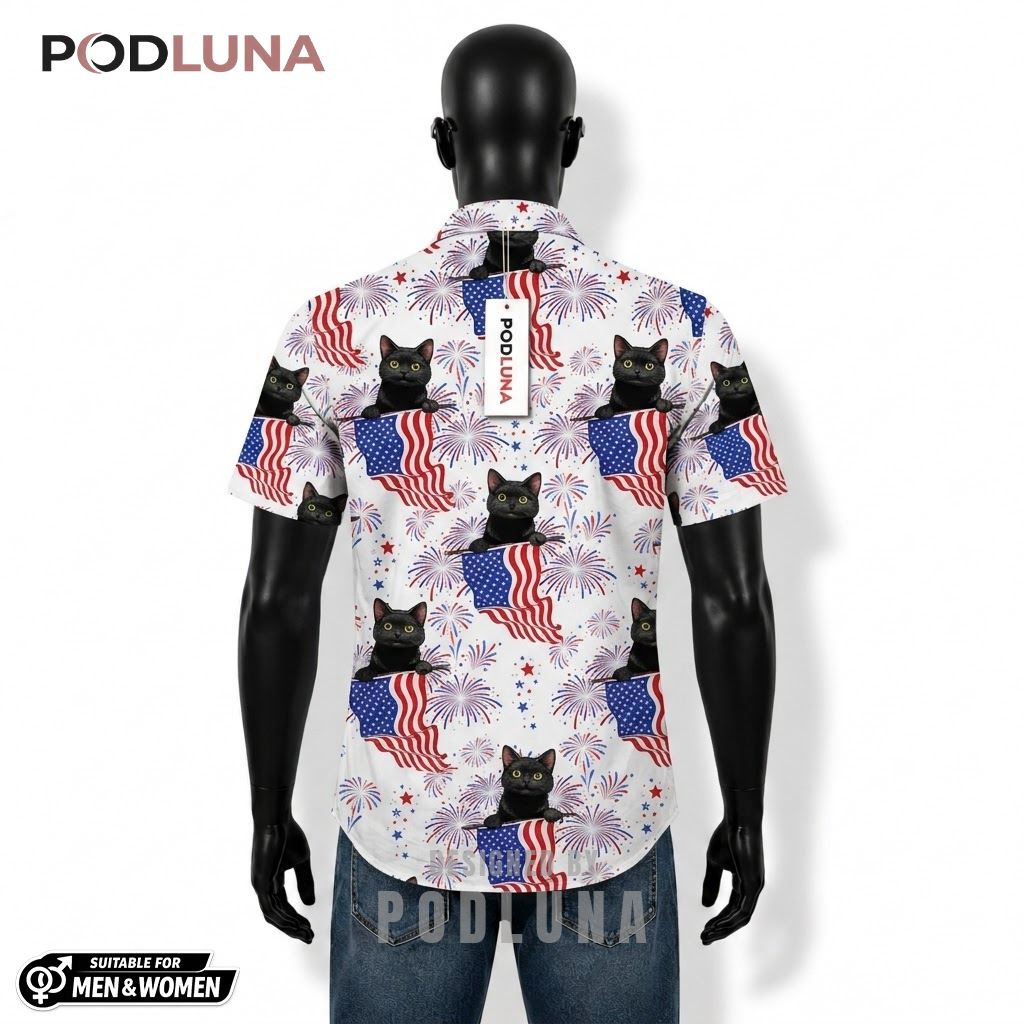 Black Cat Patriotic Hawaiian Shirt USA Flag Fireworks Design Back Black Cat Patriotic Hawaiian Shirt USA Flag Fireworks Design Back