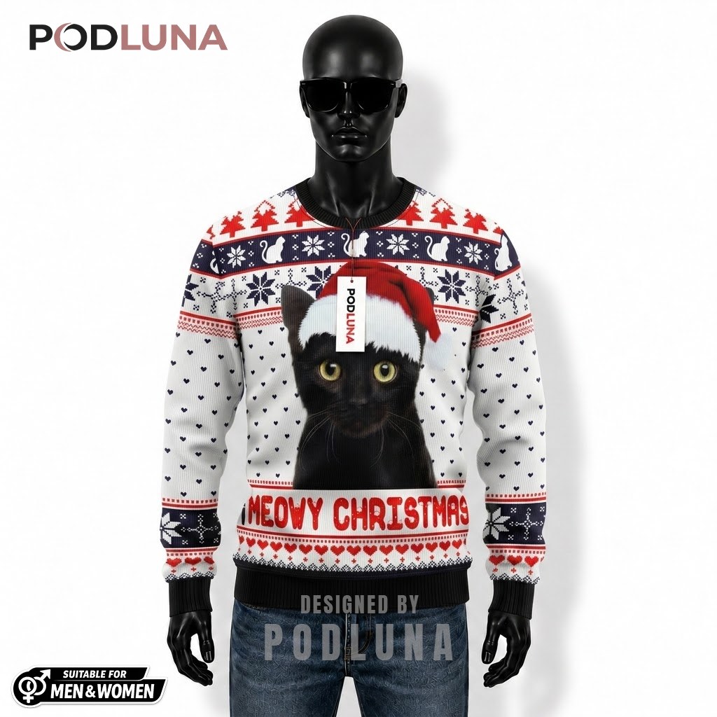 Black Cat Ugly Christmas Sweater Meowy Heart Front