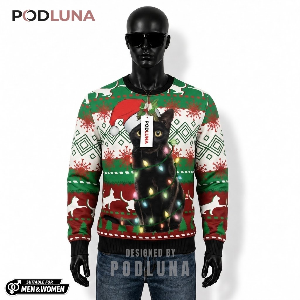 Black Cat Ugly Christmas Sweater Santa String Lights Front