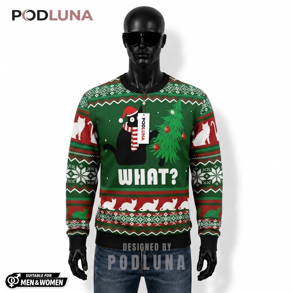 Black Cat Ugly Christmas Sweater What Funny Front