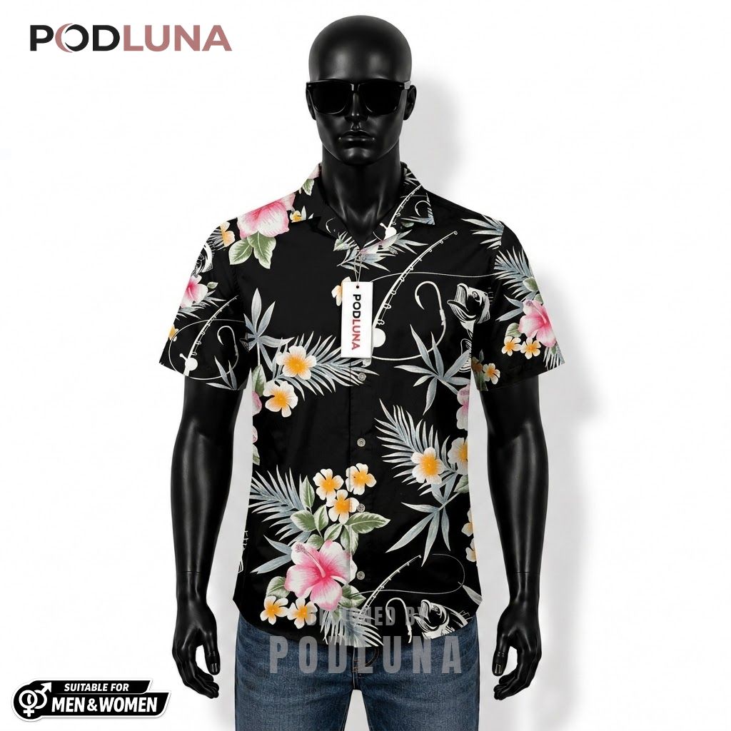 Black Fishing Hawaiian Shirt Hibiscus Bass Rod Print Front
