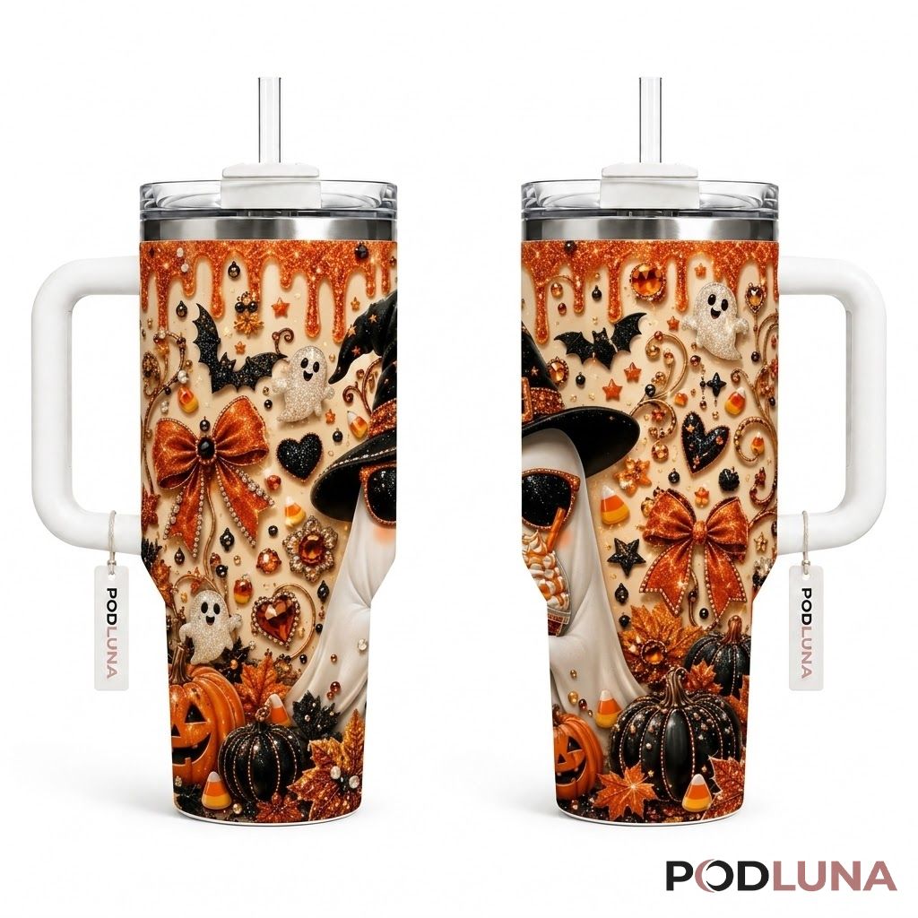 Bling Ghost Halloween Tumbler 40oz Sunglasses Pumpkin Spice Design