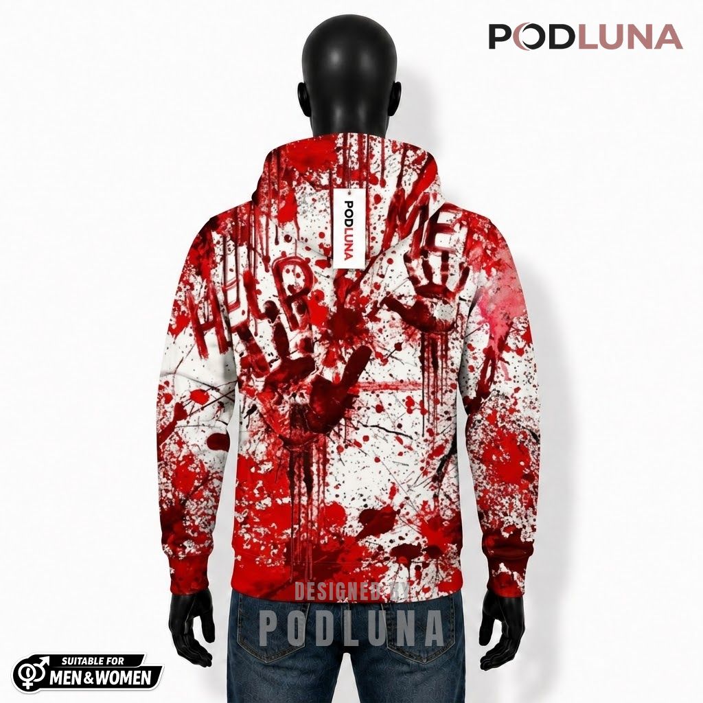 Bloody Halloween 3D Hoodie Help Me Handprints Costume 2 Bloody Halloween 3D Hoodie Help Me Handprints Costume 2
