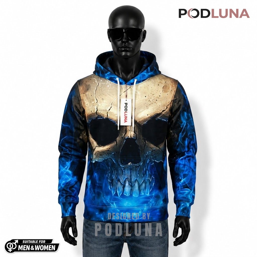 Blue Fire Halloween 3D Hoodie Skull Cracked Print 1